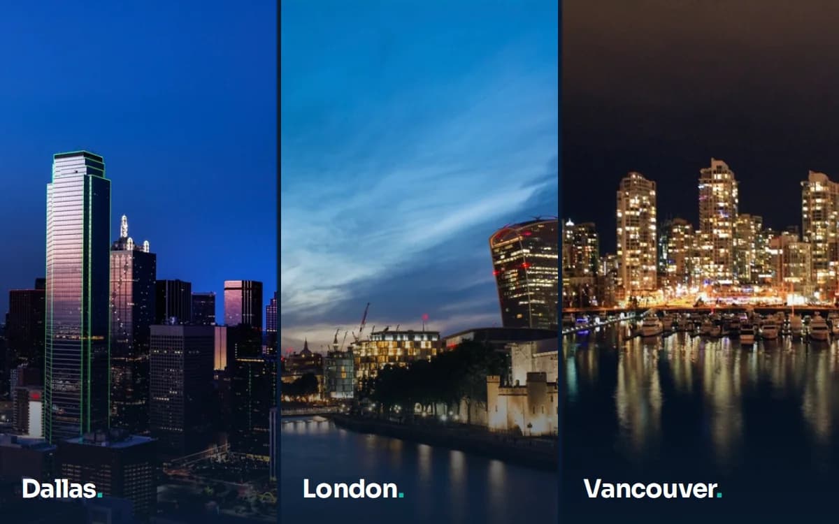 Evening skylines of Dallas, London and Vancouver, where ETT Group has offices